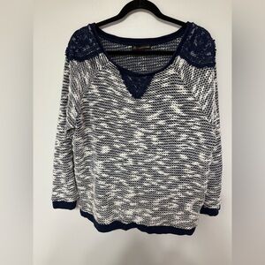 Women's Navy and White Knit Sweater with Lace Detail